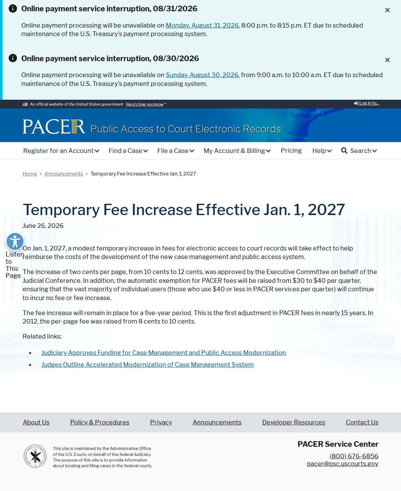 Winston court docket federal PACER fee notice record